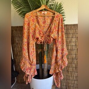 Gardenbelle Shop Bell Sleeve Silk Cinch top with Tassels